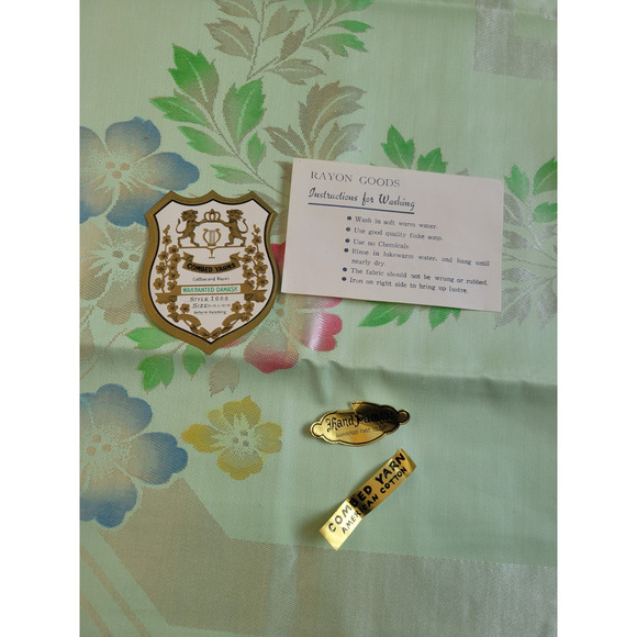 Vtg Table Cloth Napkins Set Green Floral Hand Painted Combed Yarns Damask - Picture 5 of 13